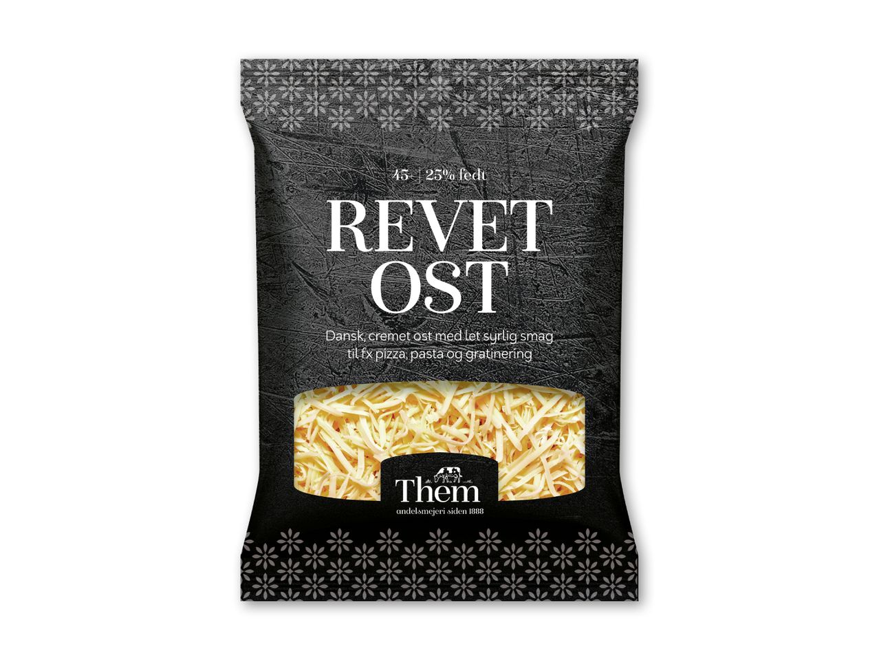 Pakket revet ost med 25% fedt, ideel til pizza, pasta og gratinering.