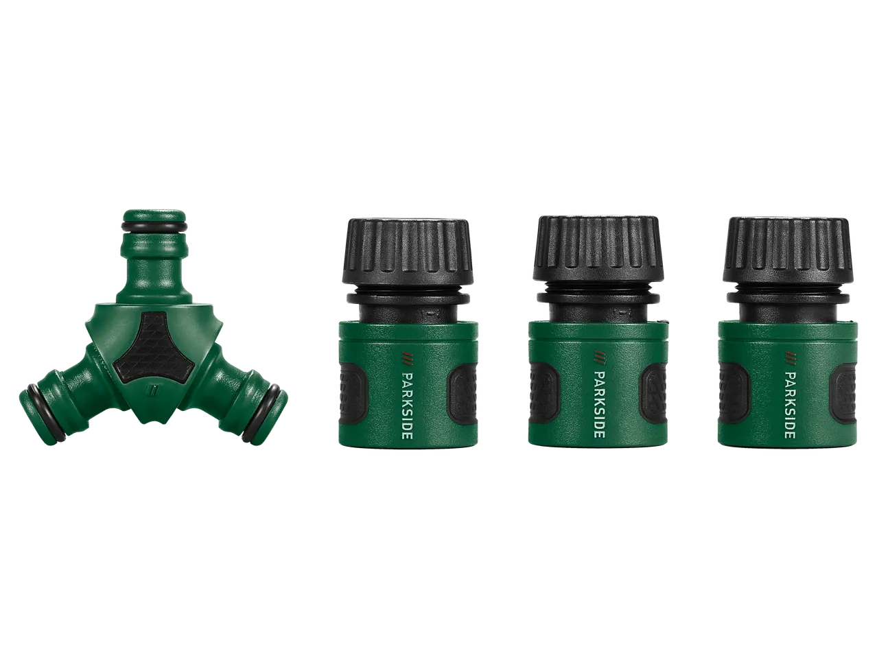 Conjunto de conectores de rega PARKSIDE: um conector em Y verde e três conectores de mangueira.