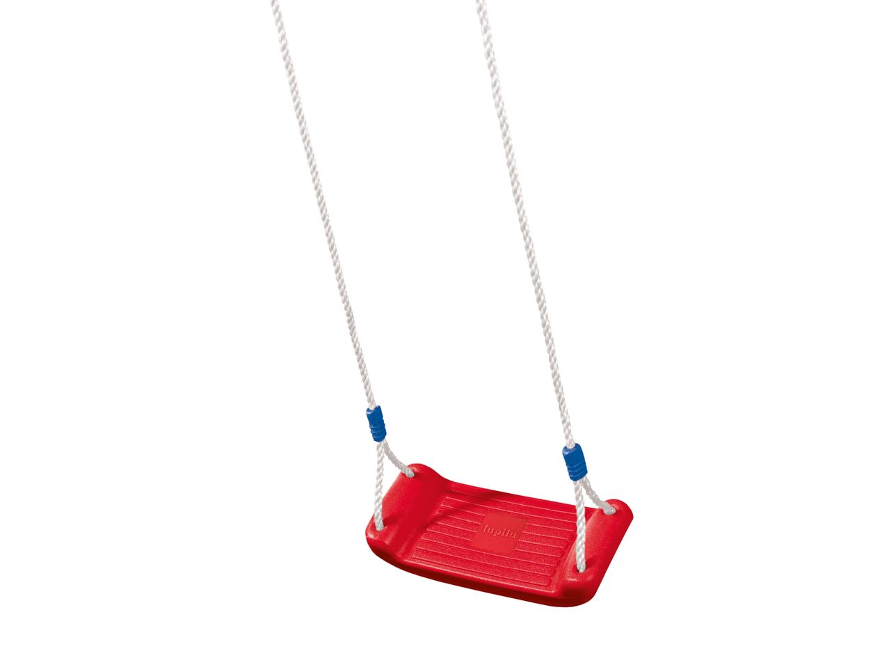 Red swing with white ropes and blue adjusters on a white background.