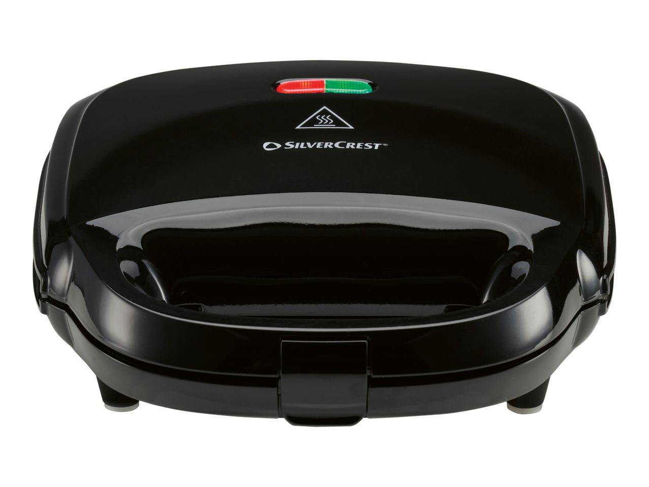 Black sandwich maker with red and green indicator lights on top.