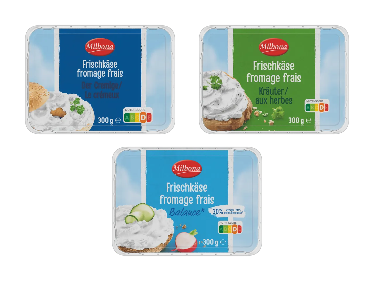 Tre confezioni di formaggio fresco: Cremoso, alle Erbe e Balance con il 30% di grassi in meno.