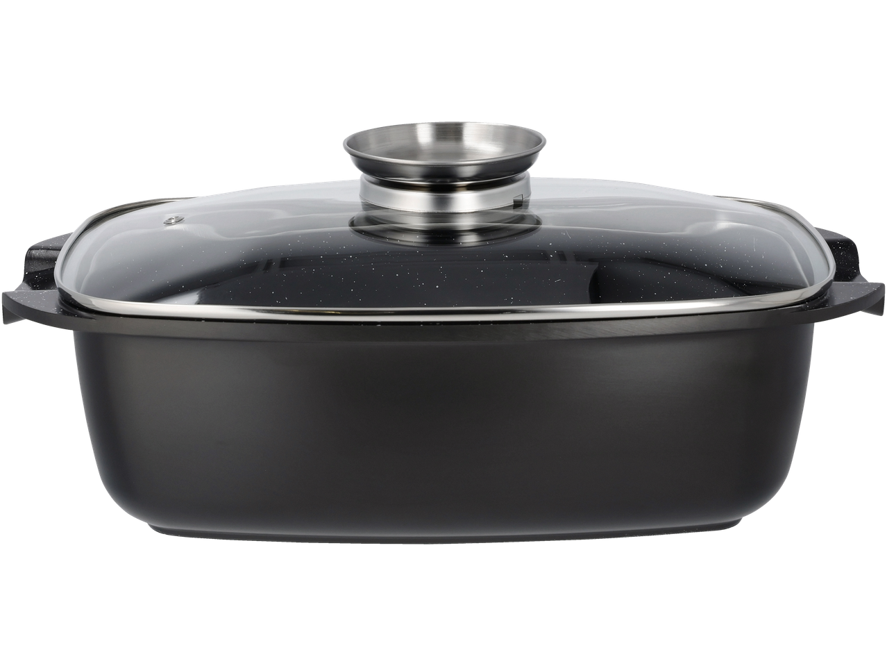 Juodas kepimo puodas su stikliniu dangčiu ir metaline rankena.