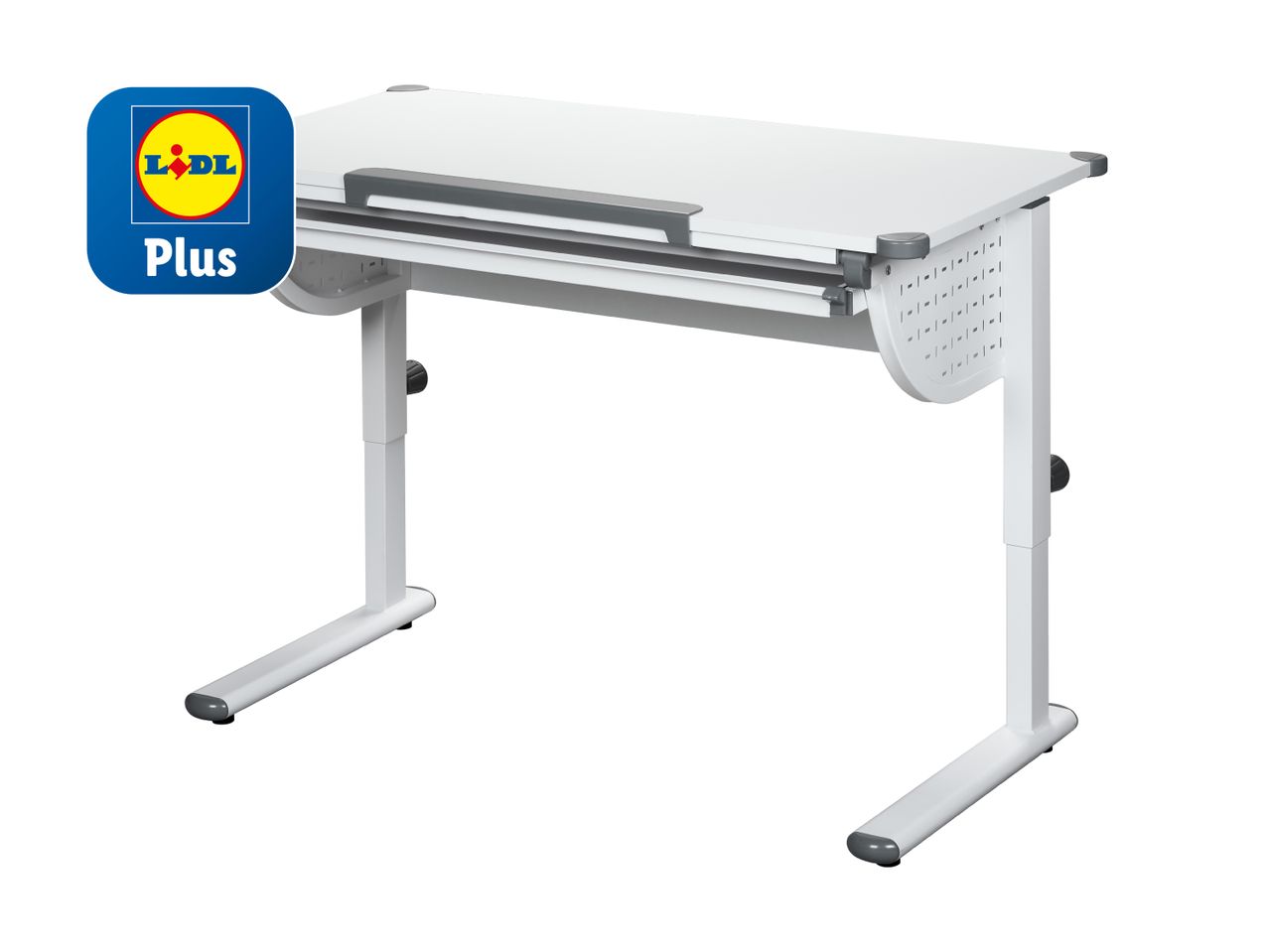 Weißer höhenverstellbarer Schreibtisch mit integrierter Schublade, Marke Lidl Plus.
