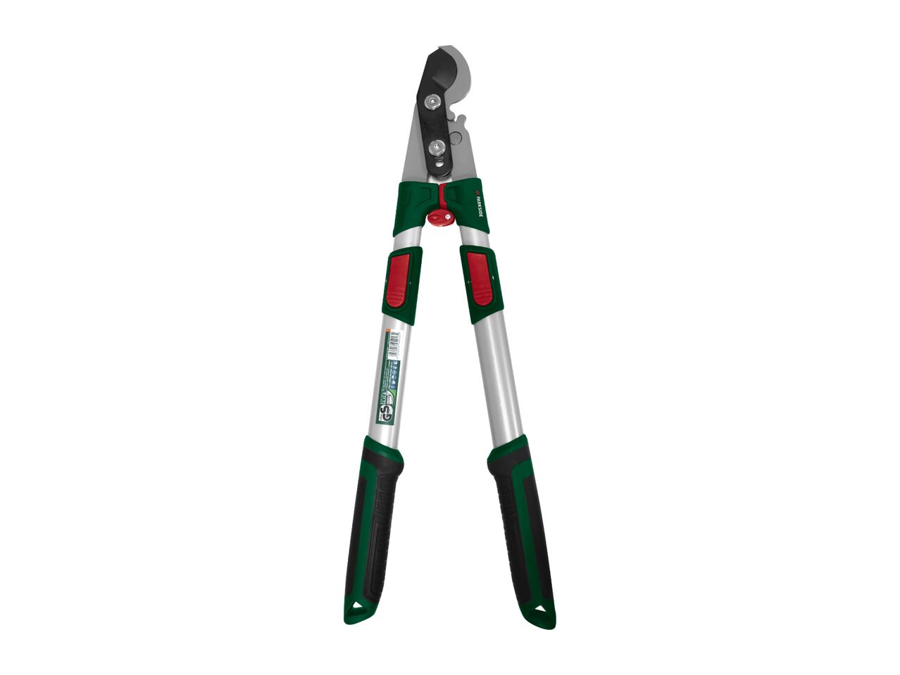 Green and silver bypass loppers with red accents and black grips