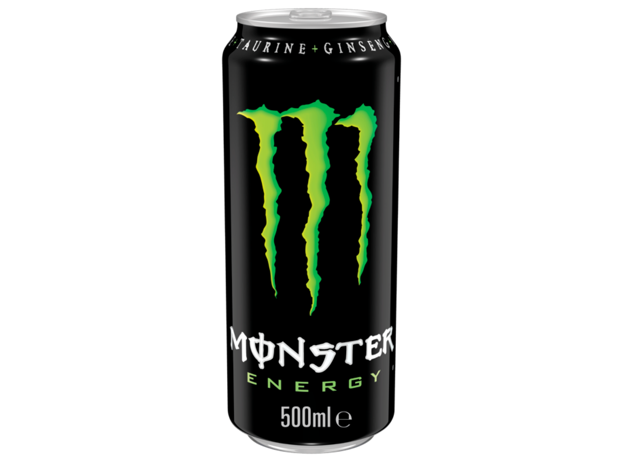 Черна енергийна напитка с неоново зелено лого и надпис „TAURINE + GINSENG“, 500 мл