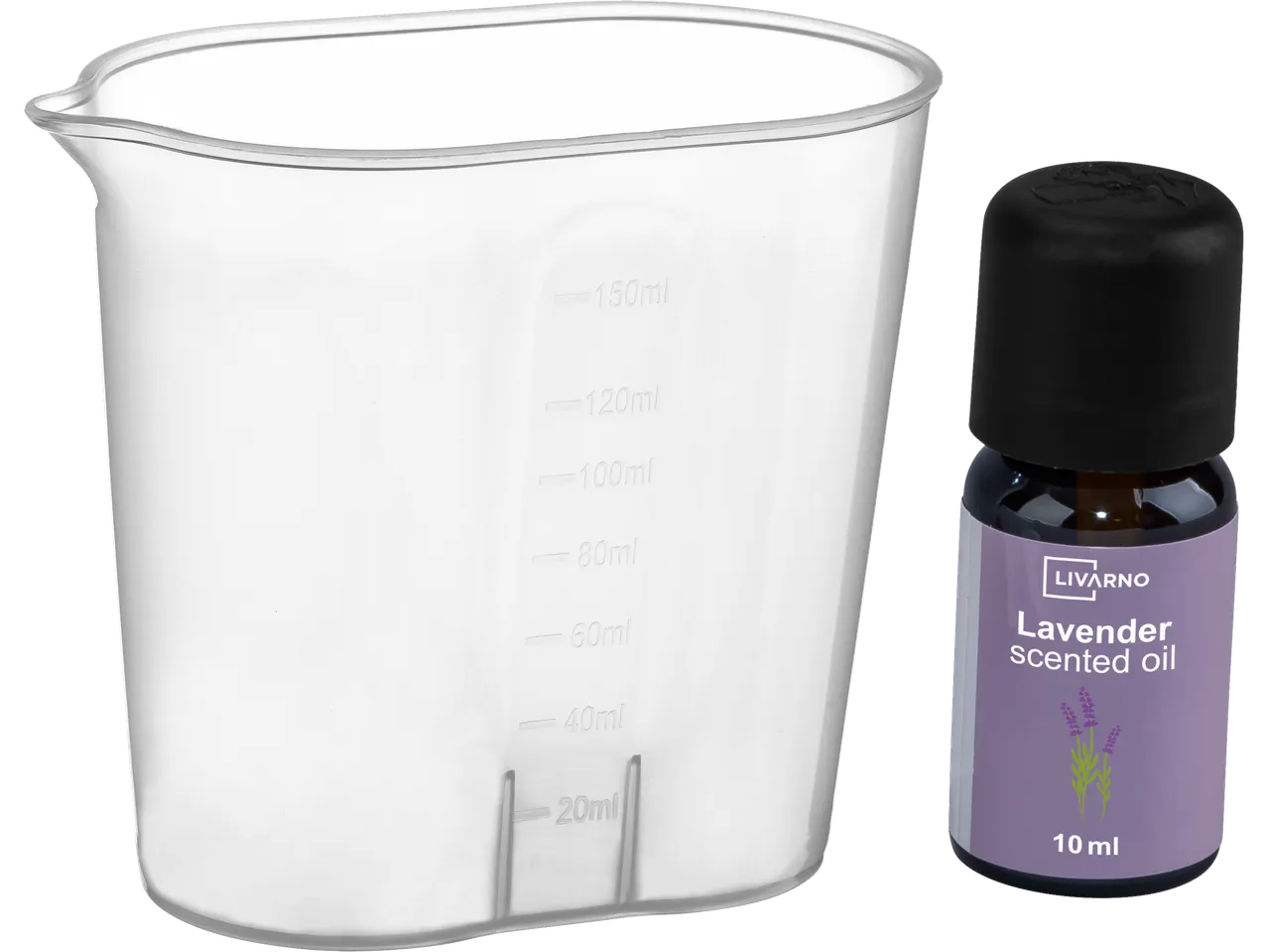 Mjerica s oznakama volumena i mala bočica mirisnog ulja lavande.