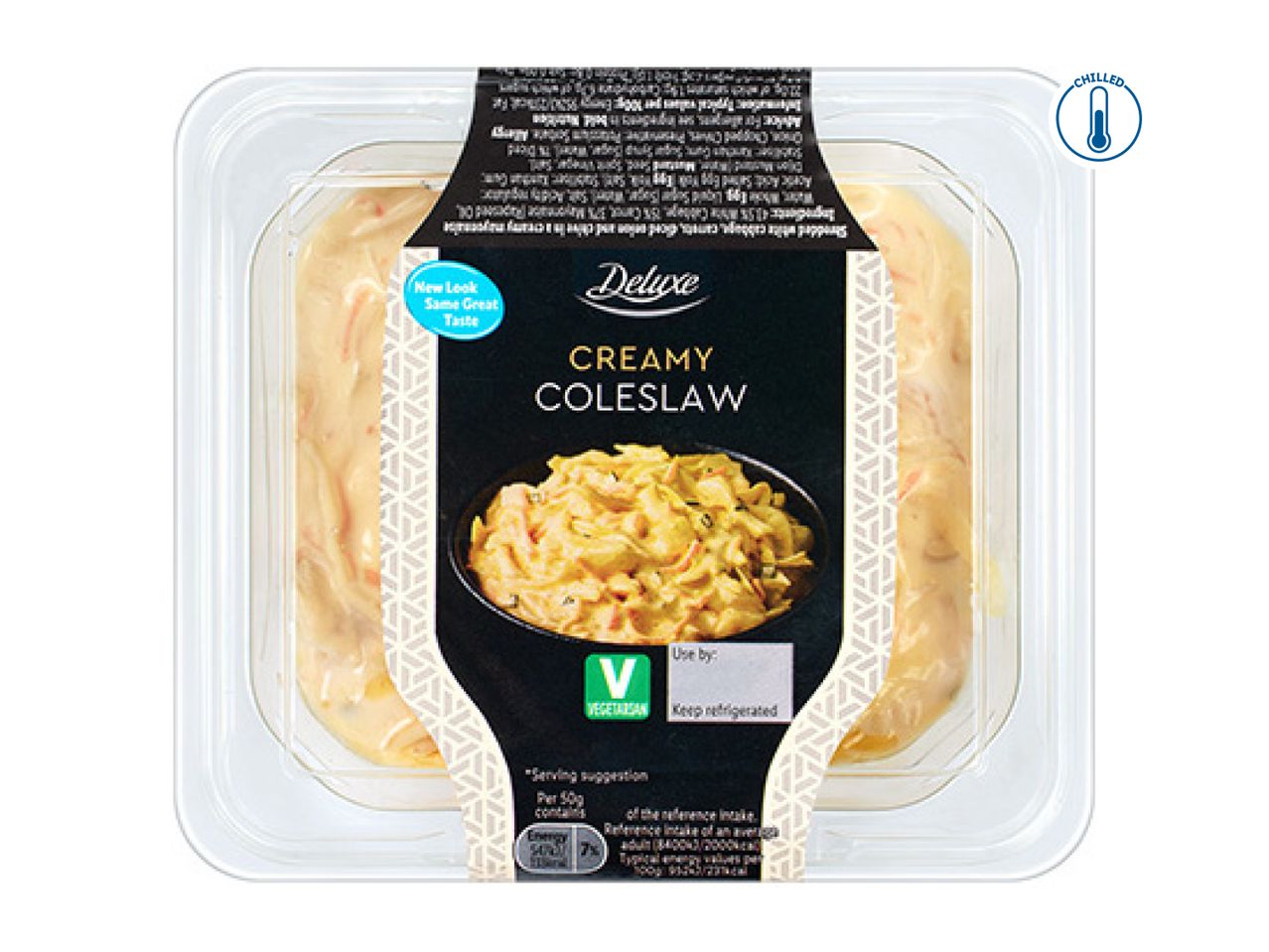 Creamy coleslaw in a clear plastic container with a black and gold label.