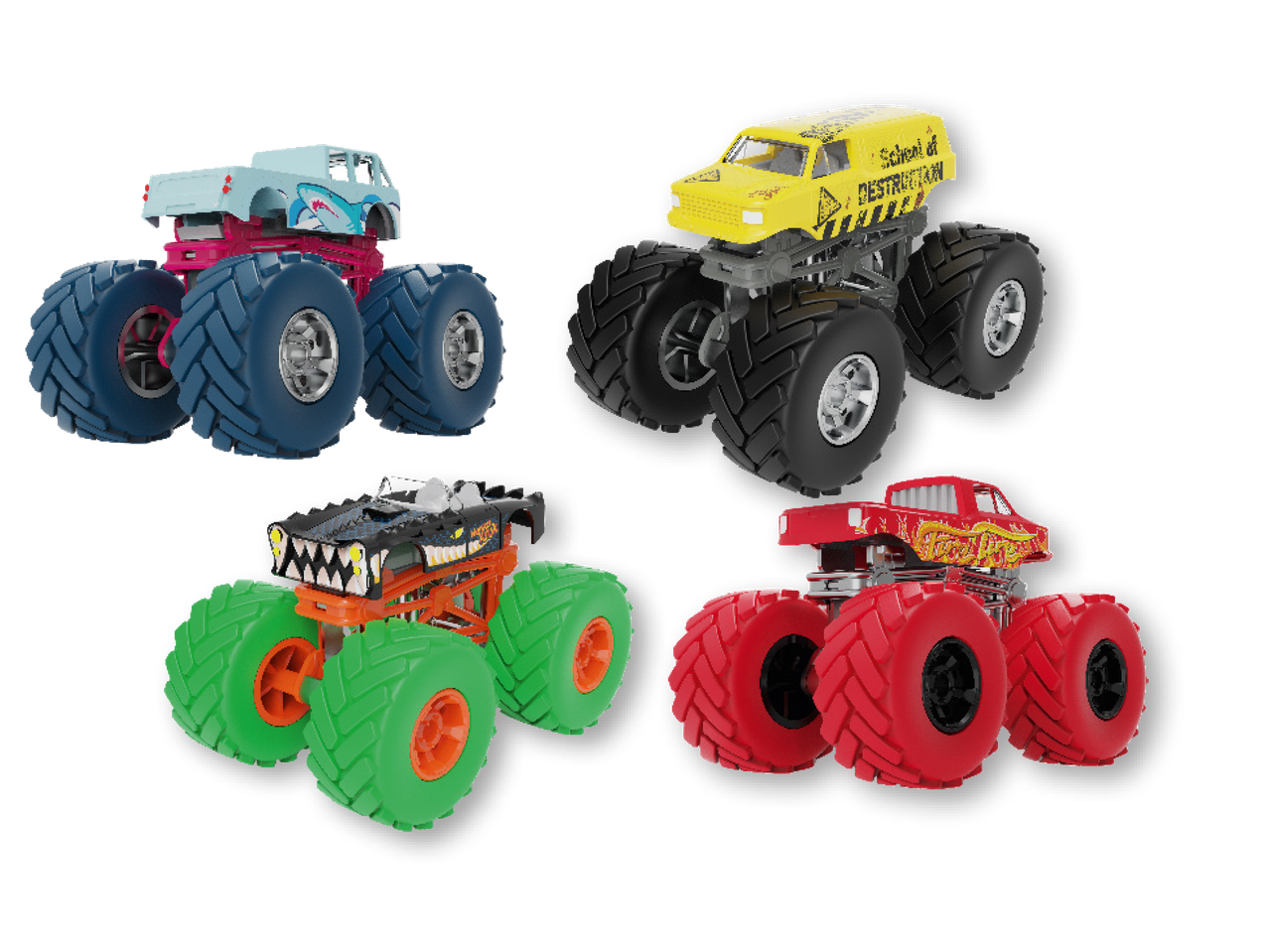 Neli värvilist mänguautot, sealhulgas sinine haikujundusega, kollane 'School of Destruction' ja punane leekidega.