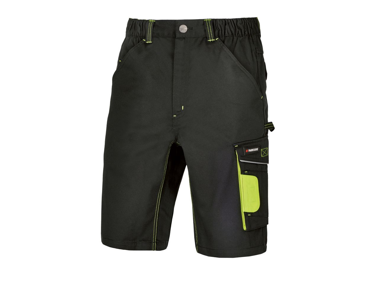 Parkside black work shorts with lime green accents.
