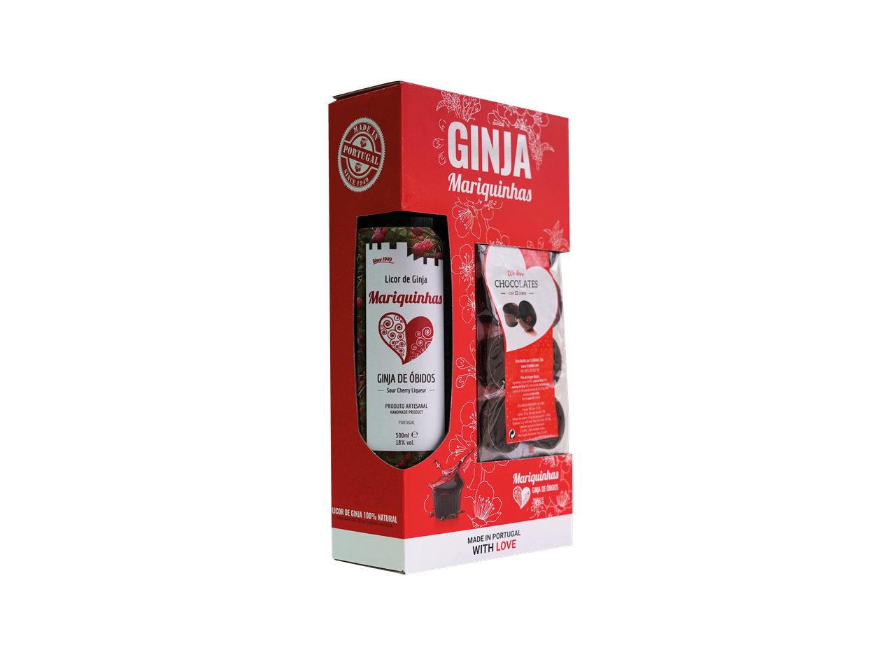 Conjunto de oferta Mariquinhas Ginja licor e copos de chocolate, feito em Portugal.