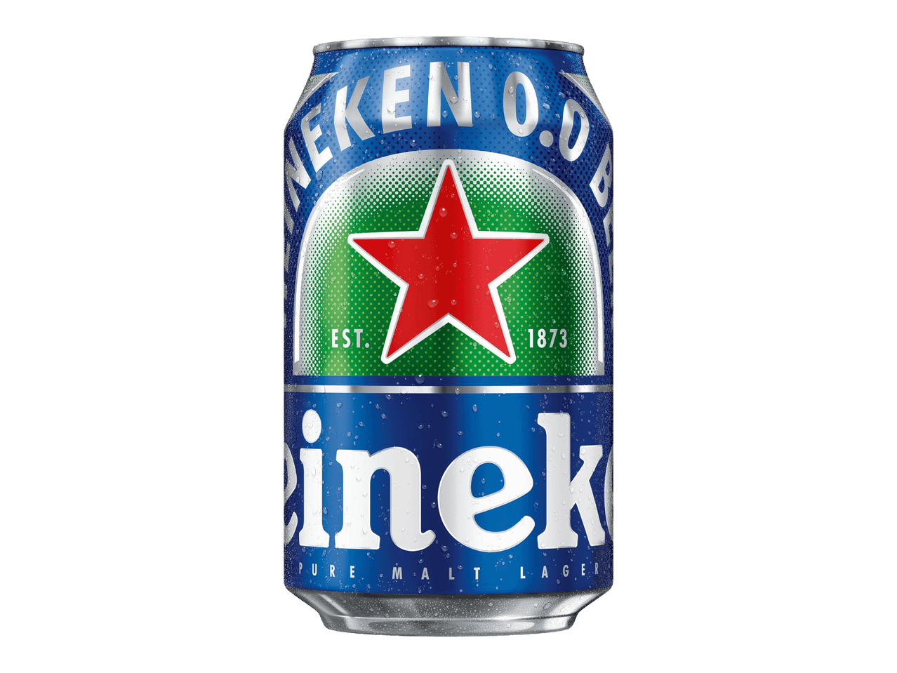 Sininen ja vihreä alkoholiton oluttölkki, jossa on punainen tähti ja vesipisaroita.