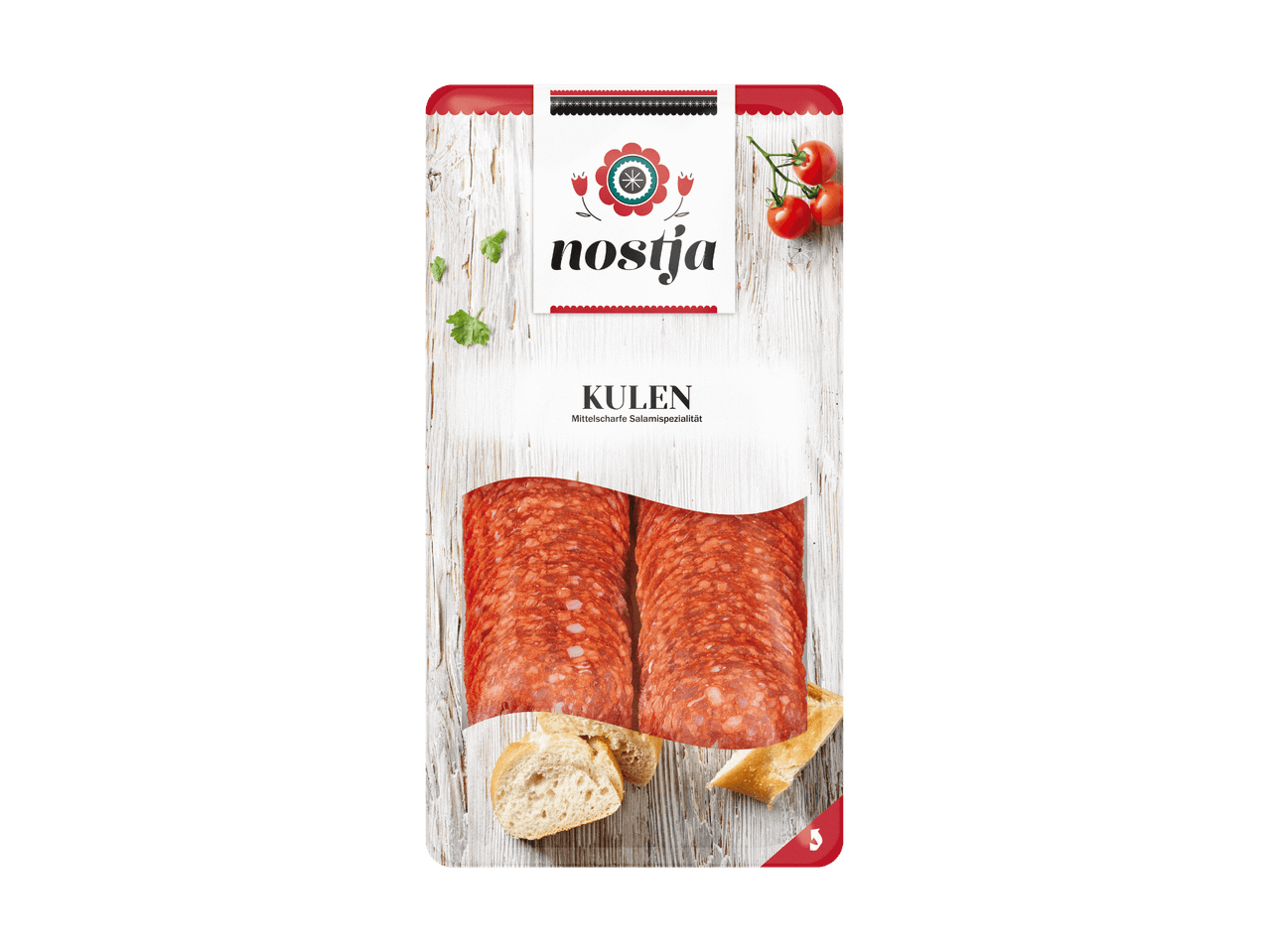 Nostja Kulen, mittel Scharfe Salami Spezialität, verpackt mit Brot.