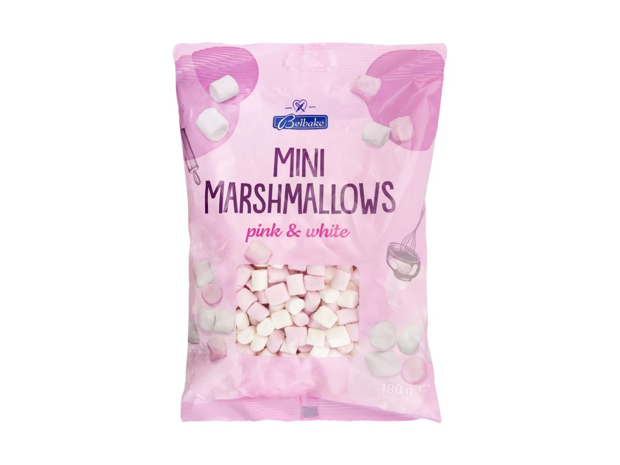 Pink and white mini marshmallows in a light pink bag with baking illustrations, 180g.