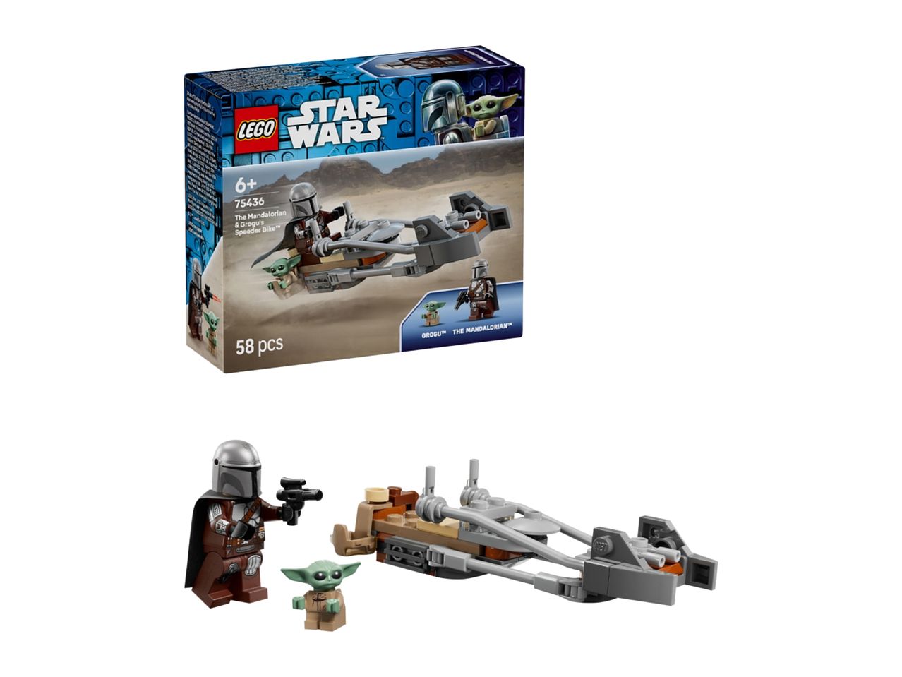 A Star Wars-themed toy set featuring a speeder bike, The Mandalorian, and Grogu figures.