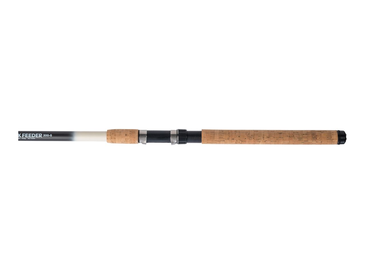 Fishing rod with cork handle and black and white gradient design.