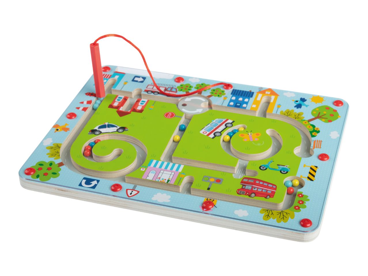 Wooden magnetic maze board with a city theme, featuring cars, buildings, and colorful beads.