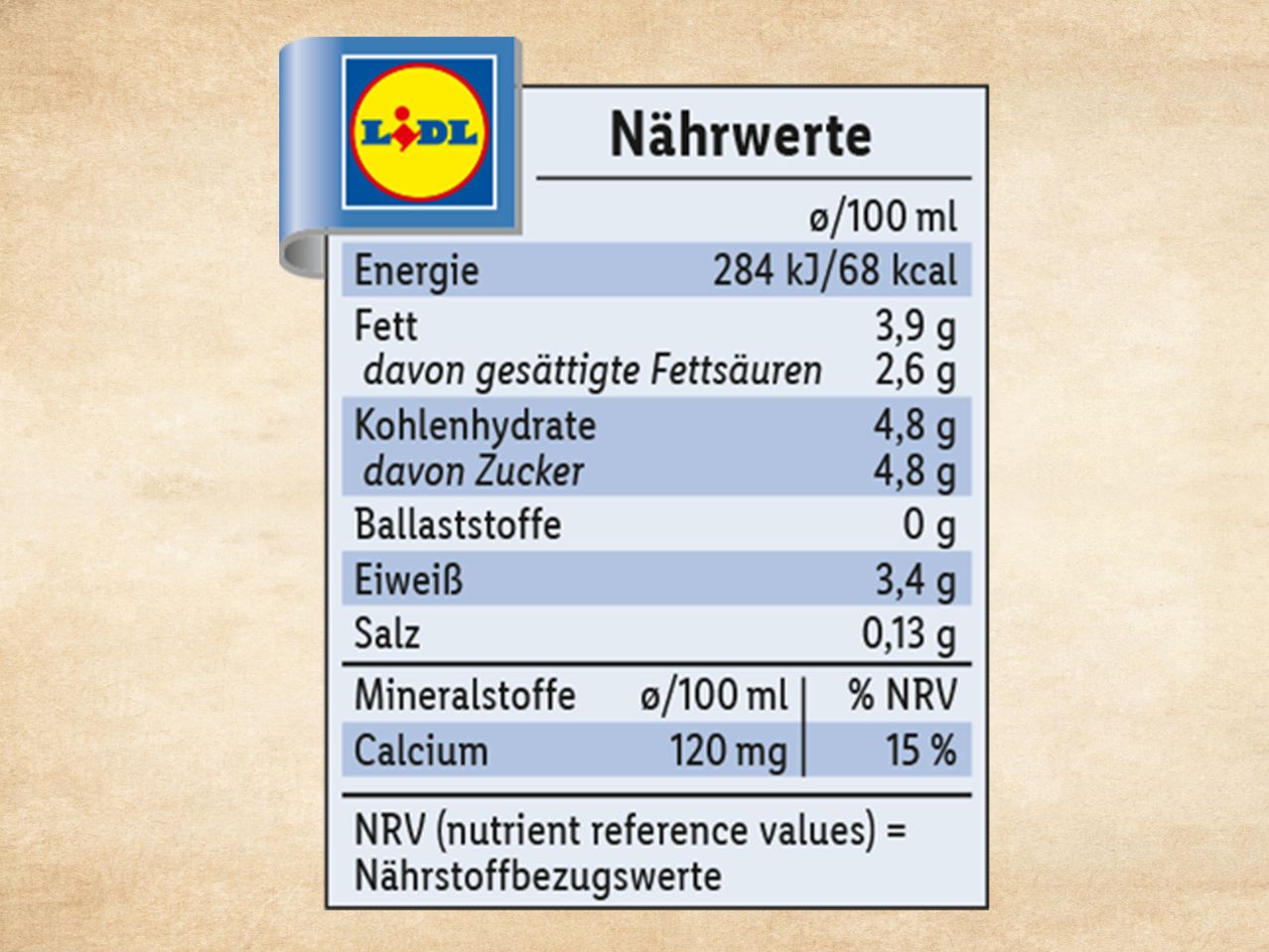 Lidl Produkt Nährwerte: Energie, Fett, Kohlenhydrate, Eiweiß, Salz.