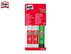 Three glue sticks, two red and one green, in a clear package with product details.