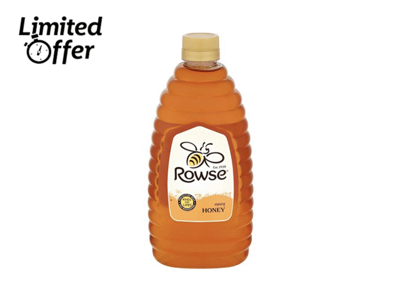 Rowse honey bottle with a 'Limited Offer' label.