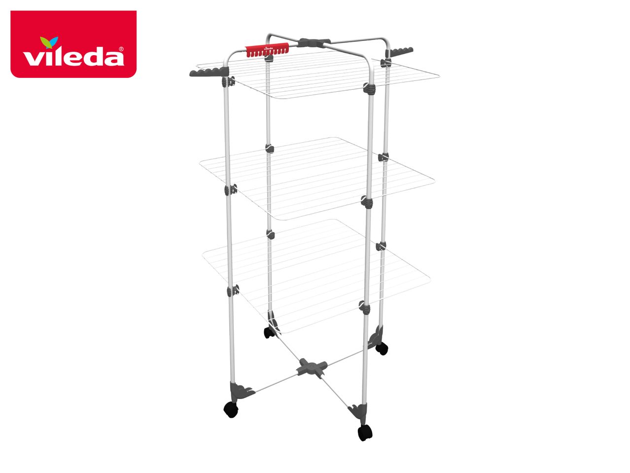 Three-tier clothes drying rack with wheels and red hanger clips