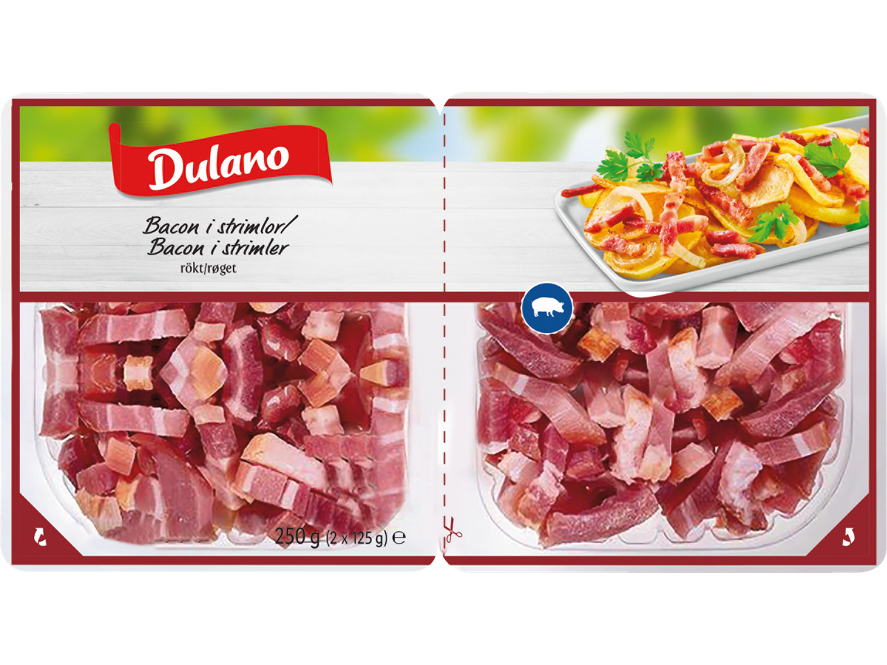 Dulano røget bacon i strimler: 250 g pakke.