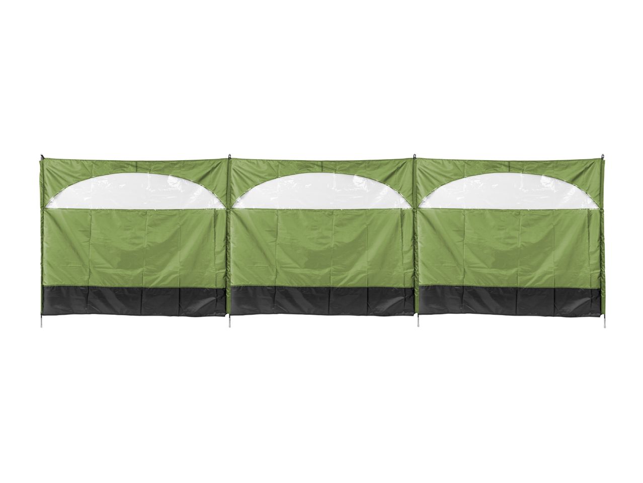 Green windbreak with clear arched windows and black base, featuring three connected panels.