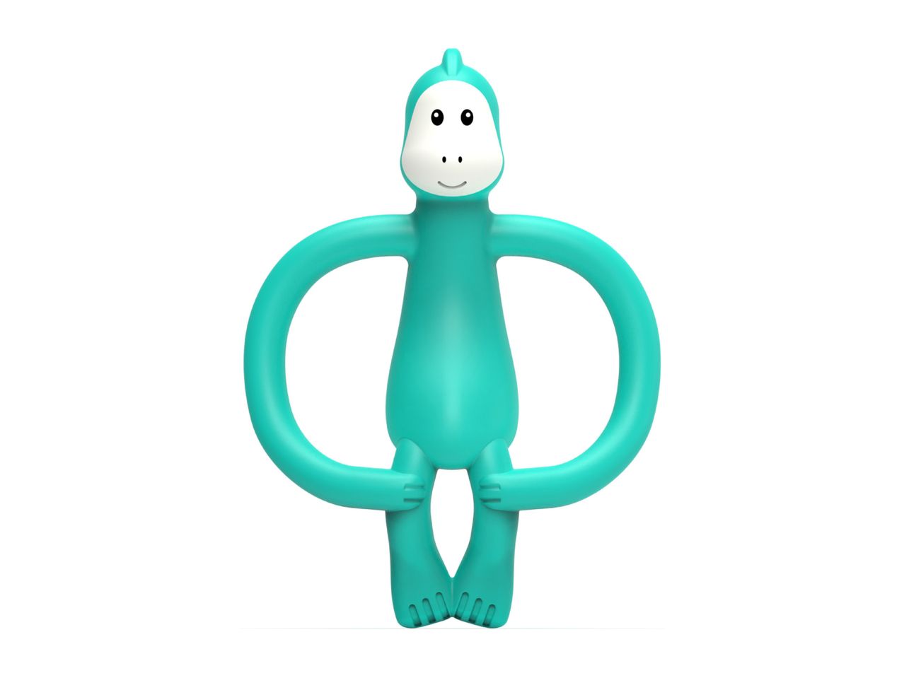 Teal monkey-shaped baby teether with a friendly face on a white background.