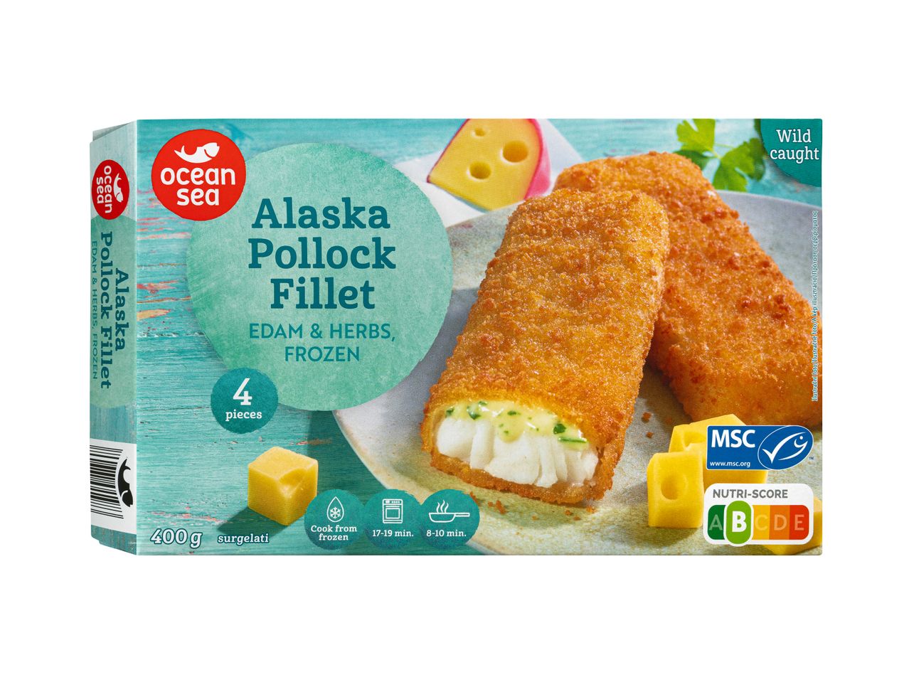 Ocean Sea Alaszkai pollockfilé, edámival és fűszerekkel panírozva, fagyasztott.