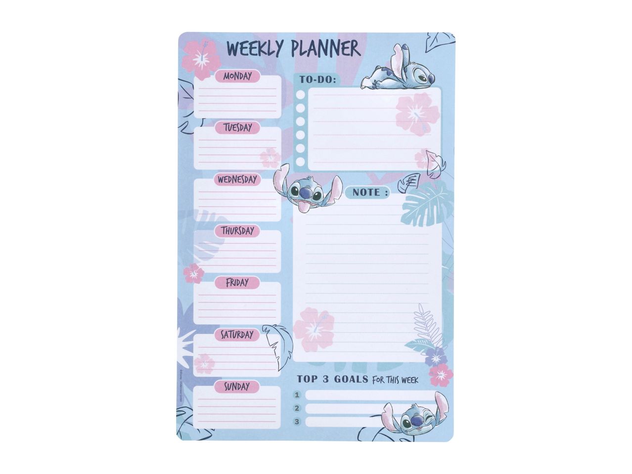 Stitch themed weekly planner with notes and goals sections.