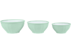 Three mint green mixing bowls of different sizes, arranged in a row.