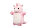 Pink unicorn plush toy with a white belly and small arms, standing on a white background.
