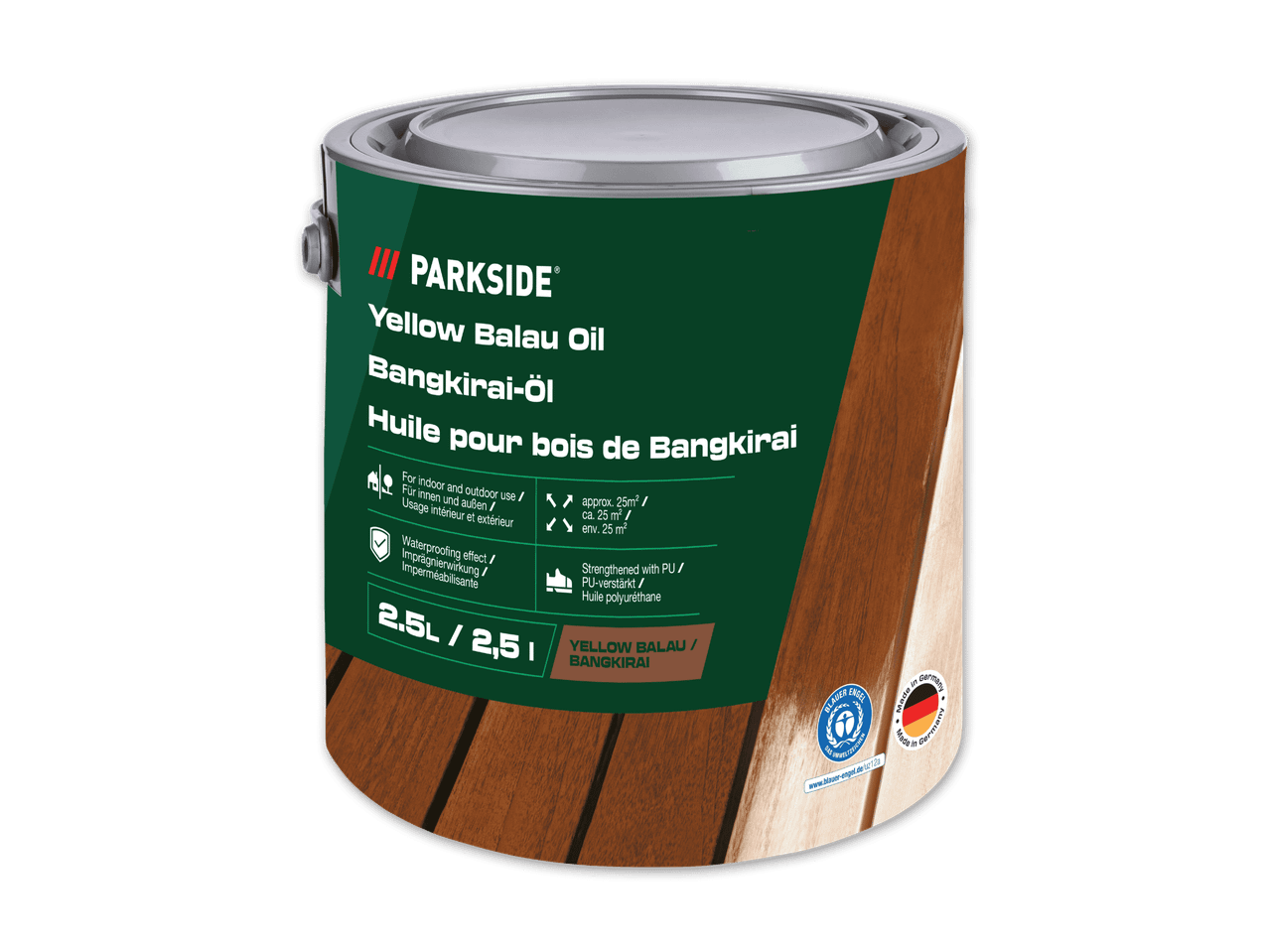 Dunkelgrüne Dose mit gelbem Balau-Öl für Bangkirai-Holz, 2,5 Liter