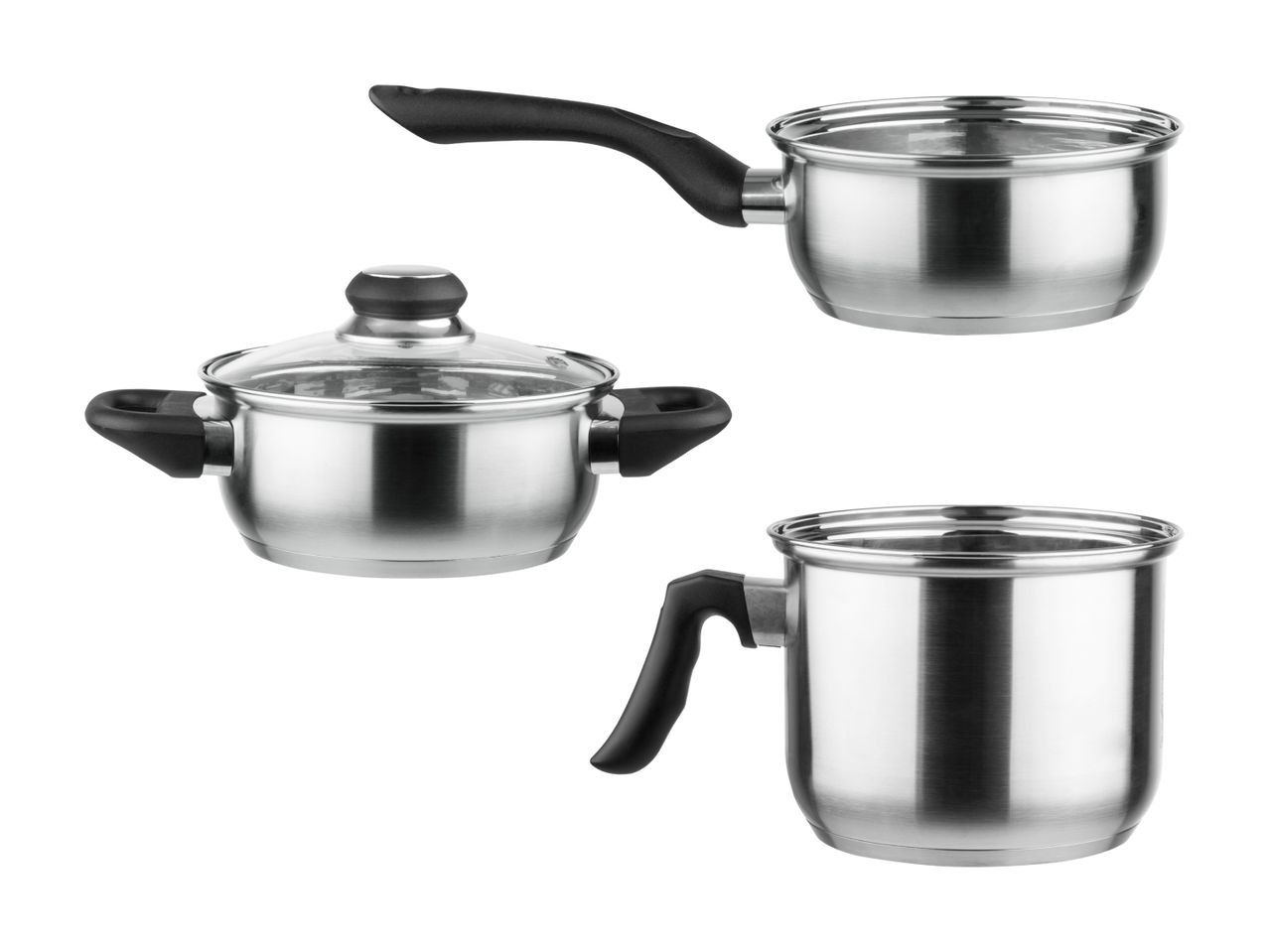 Tre rustfrit stål gryder med sorte håndtag.