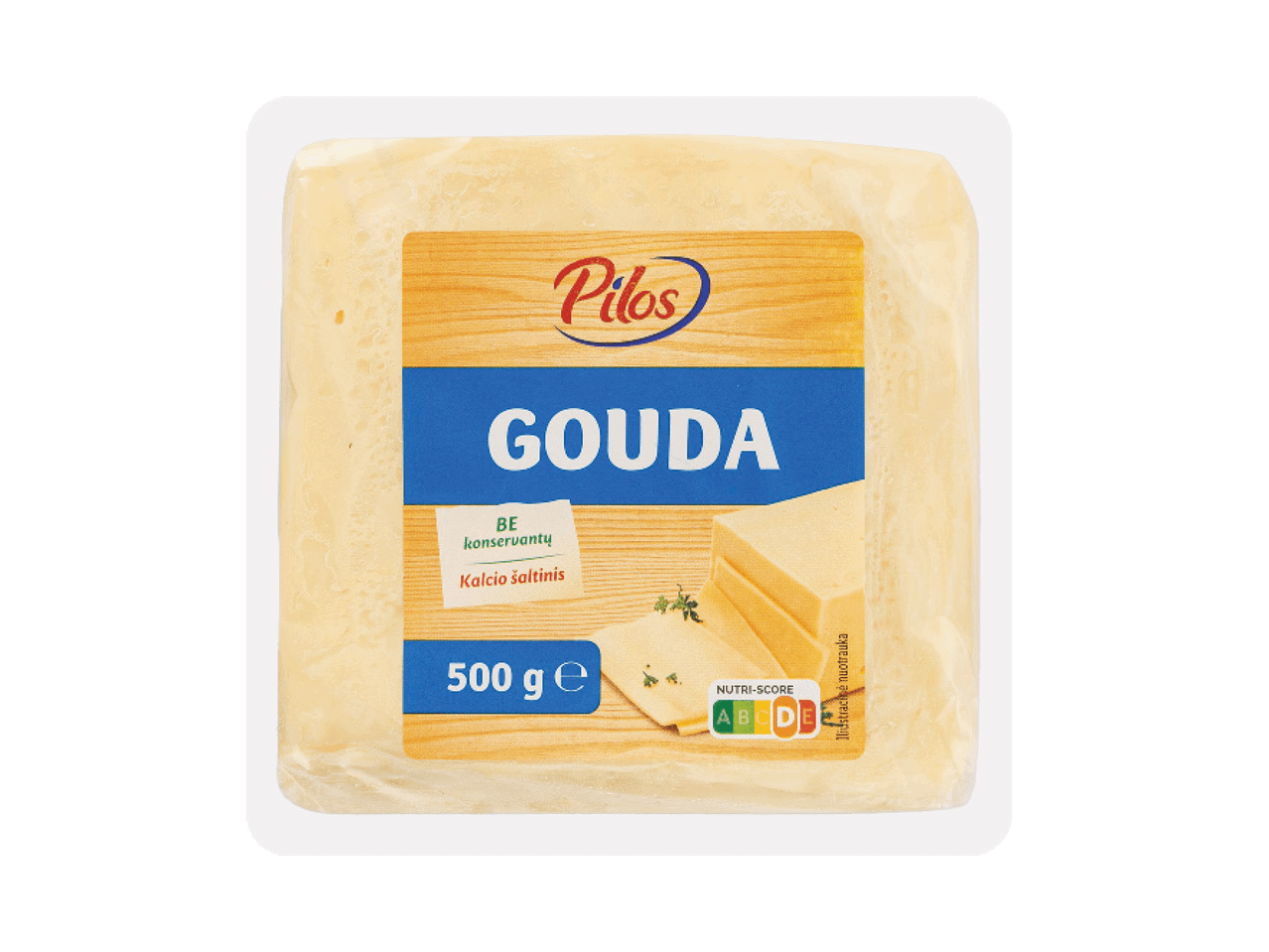 Gouda sūris, 500 g, be konservantų, kalcio šaltinis, su Nutri-Score A įvertinimu.