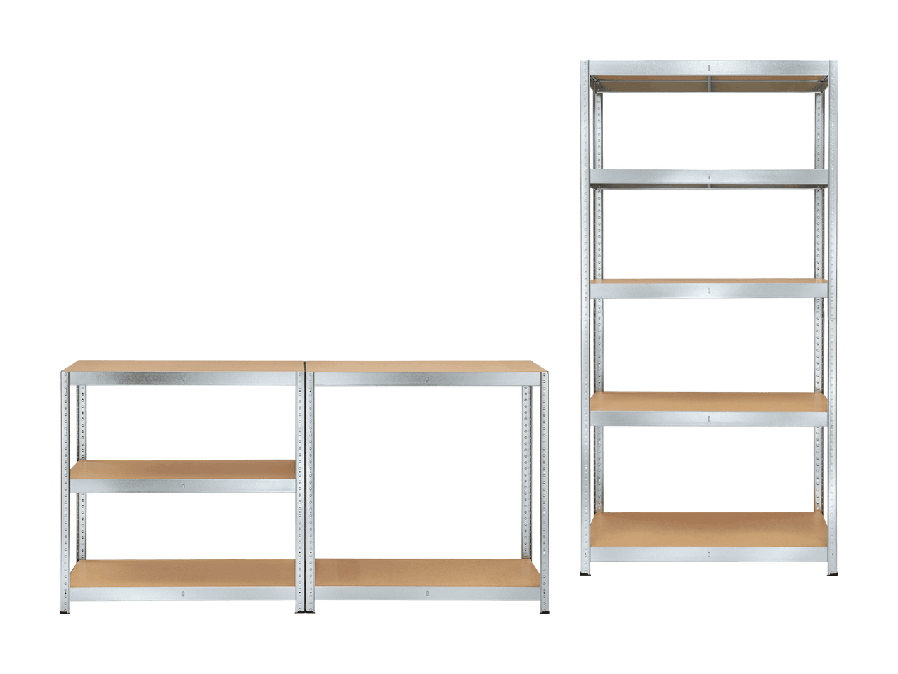 Trois étagères métalliques modulaires avec des tablettes en bois, deux basses et une haute.