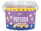 Een grote emmer Snack Day Popcorn, zoet en zout, met Nutri-Score.