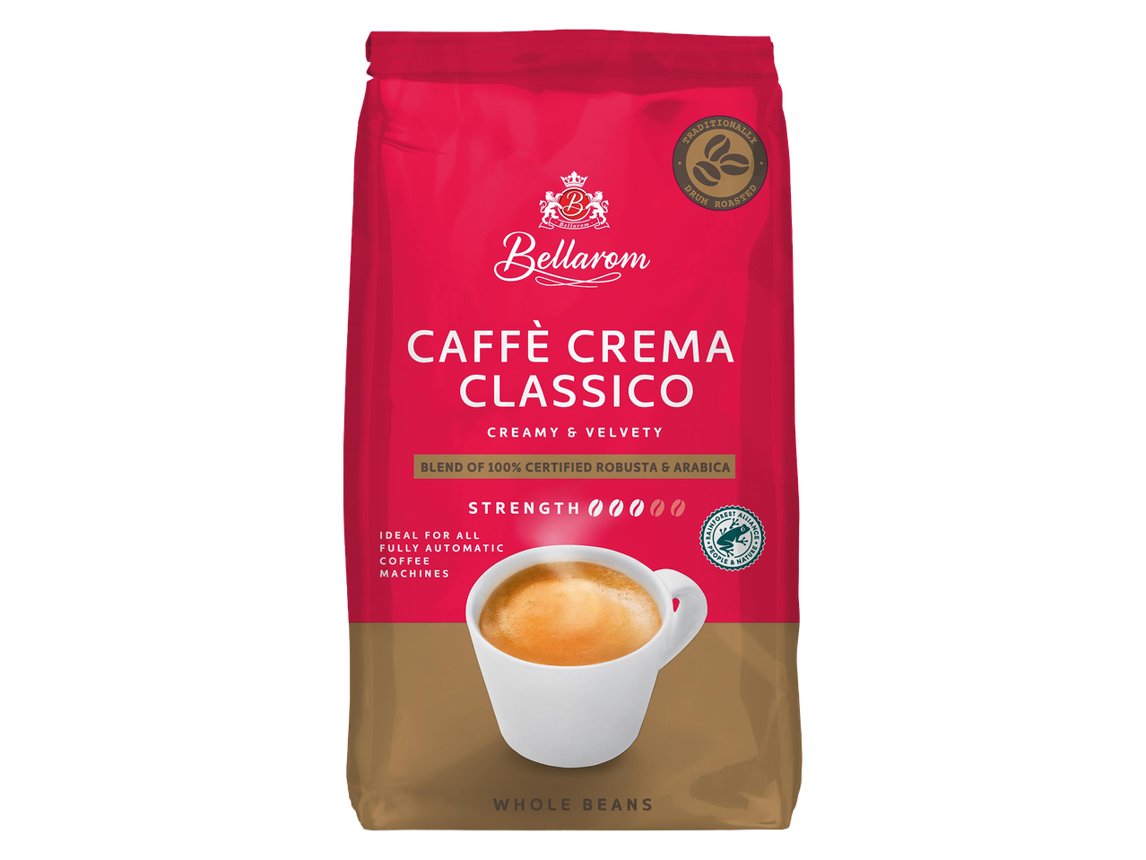Kávébab csomagolás, „Caffè Crema Classico” felirattal, krémes és bársonyos ígérettel.