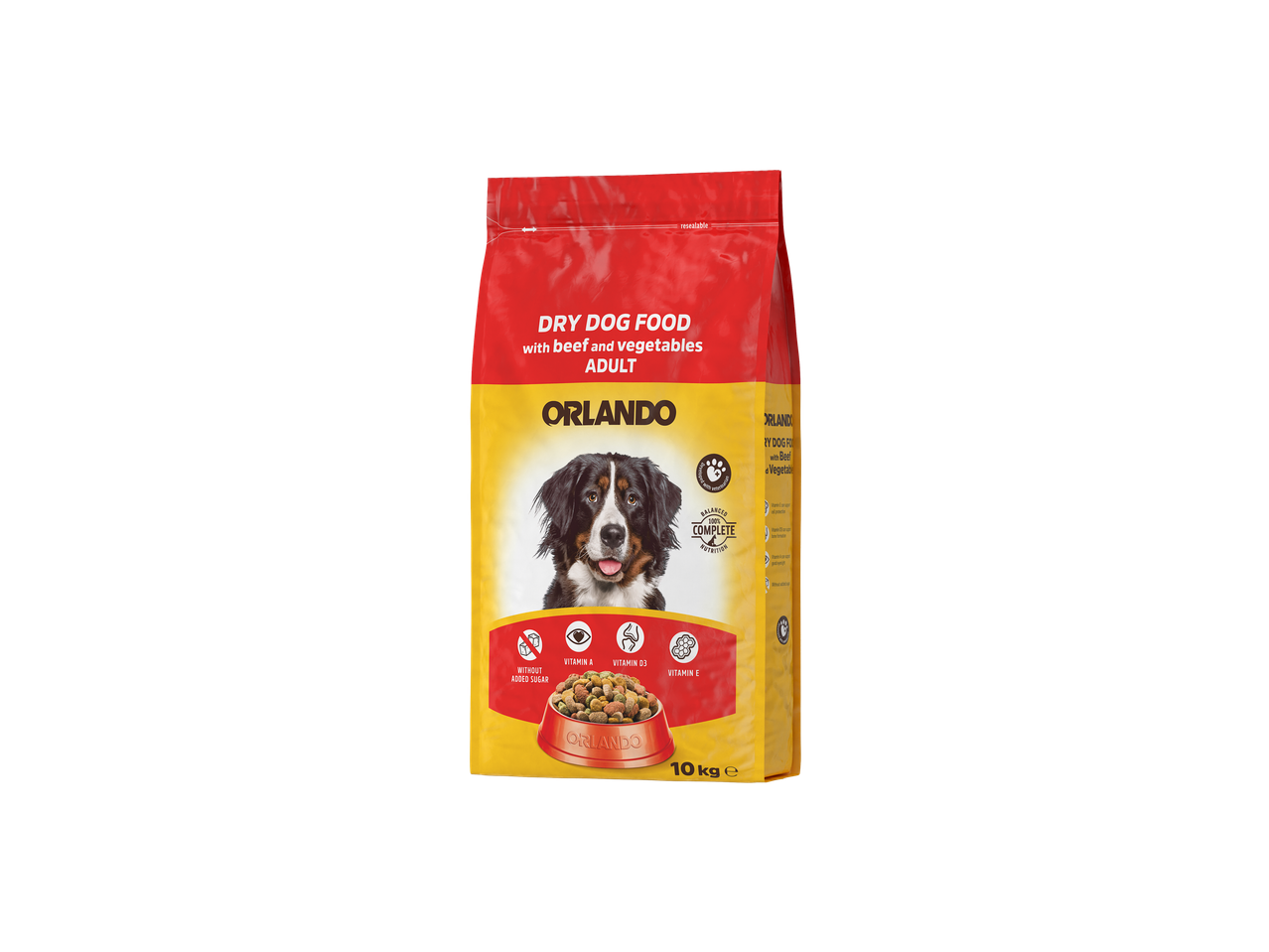 Sac de croquettes pour chien Orlando, saveur bœuf et légumes, 10 kg.
