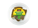 Green jalapeños with cream cheese in a clear plastic container, labeled as vegetarian.