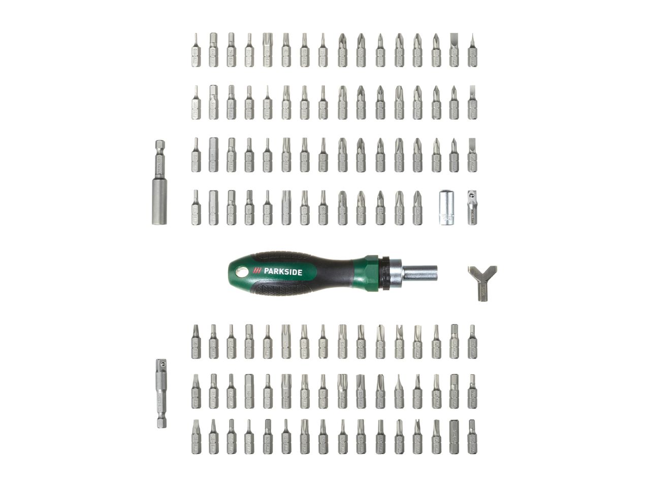 A comprehensive set of screwdriver bits and a screwdriver handle, including various sizes and types of bits.