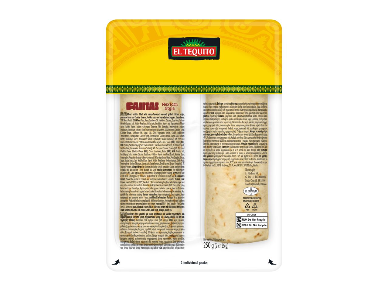 Fajitas with chicken, cheese, Tex-Mex sauce, and roasted peppers, with cooking instructions and recycling information.