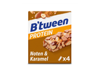 Verpakking van vier noten- en karamelproteïnerepen.