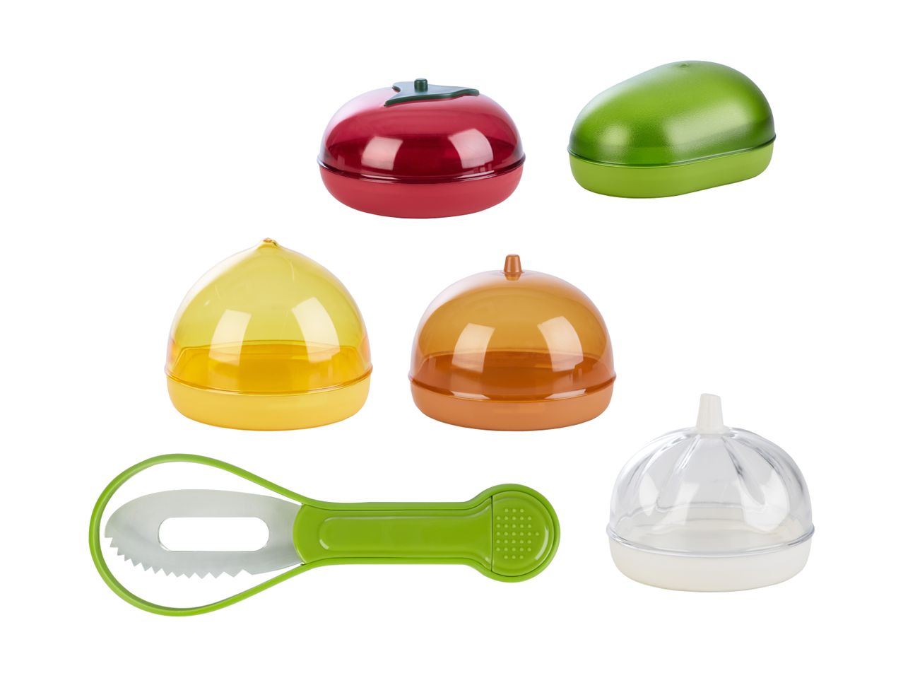 Farbige Obst- und Gemüseförmige Vorratsbehälter, spielerisches Design.