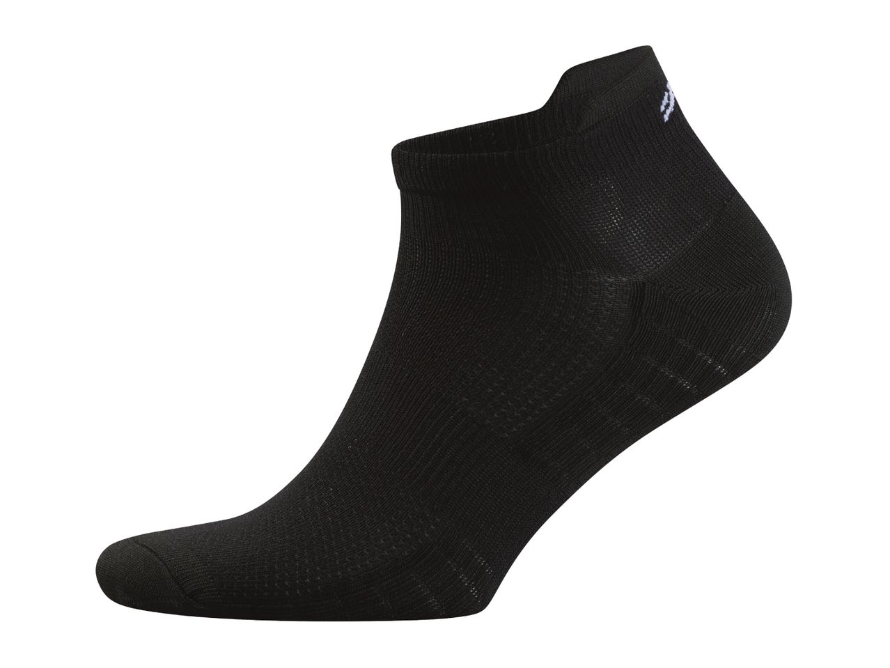 A single black athletic sock with a white logo on the ankle.