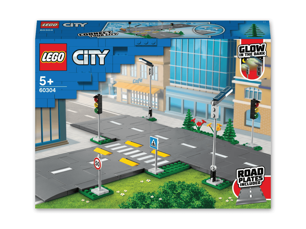 LEGO City Straßenplatten-Set mit Ampeln, Straßenschildern und Laternen.