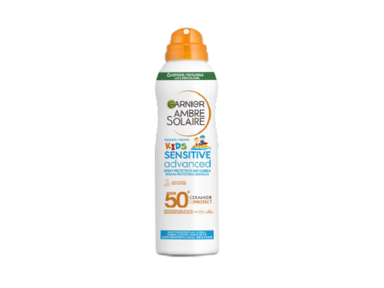 Spray protetor solar infantil com FPS 50+, resistente à água e com ceramidas.