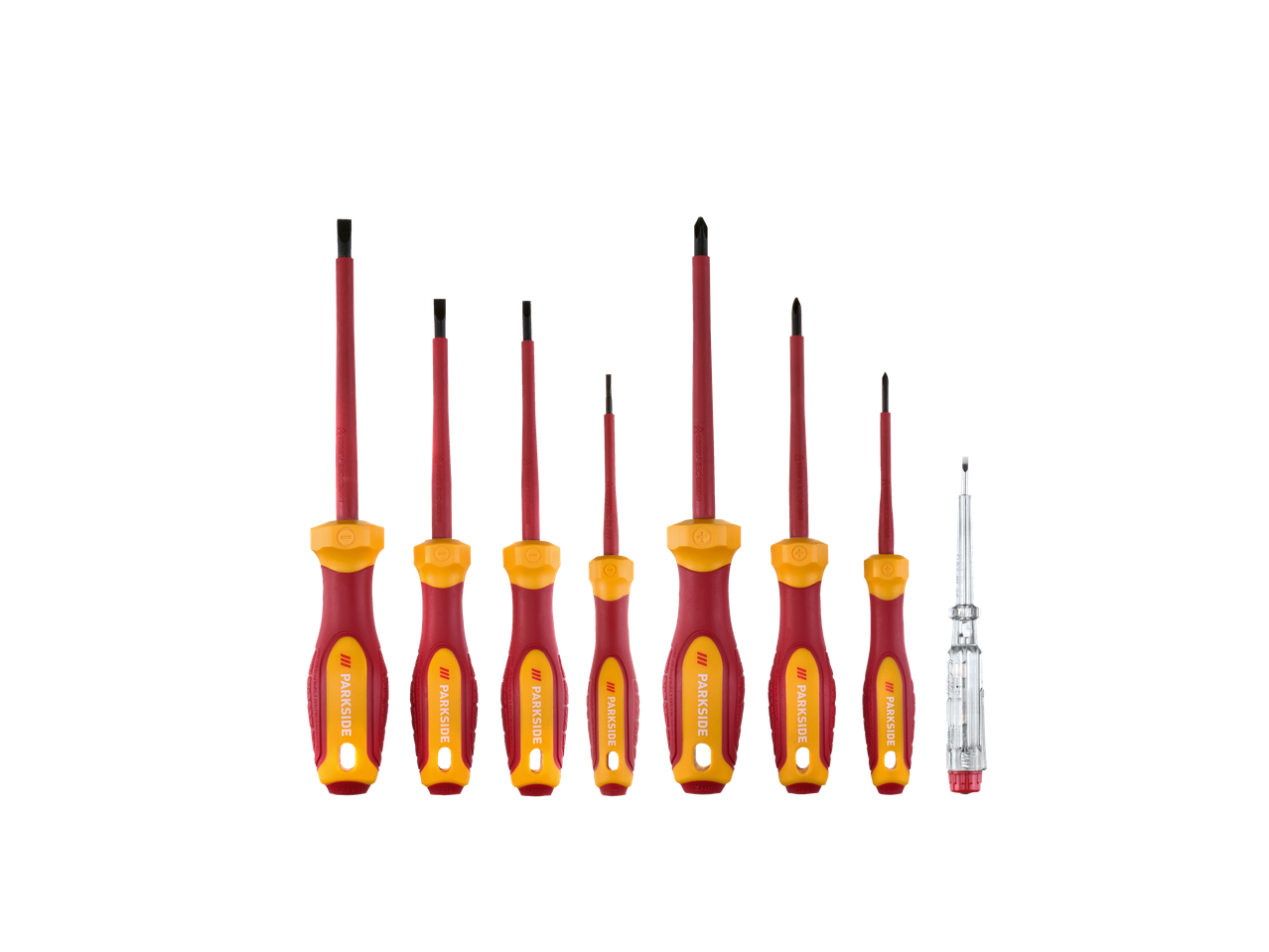 Parkside® VDE izolētu skrūvgriežu komplekts, ar plakaniem un Phillips skrūvgriežiem.