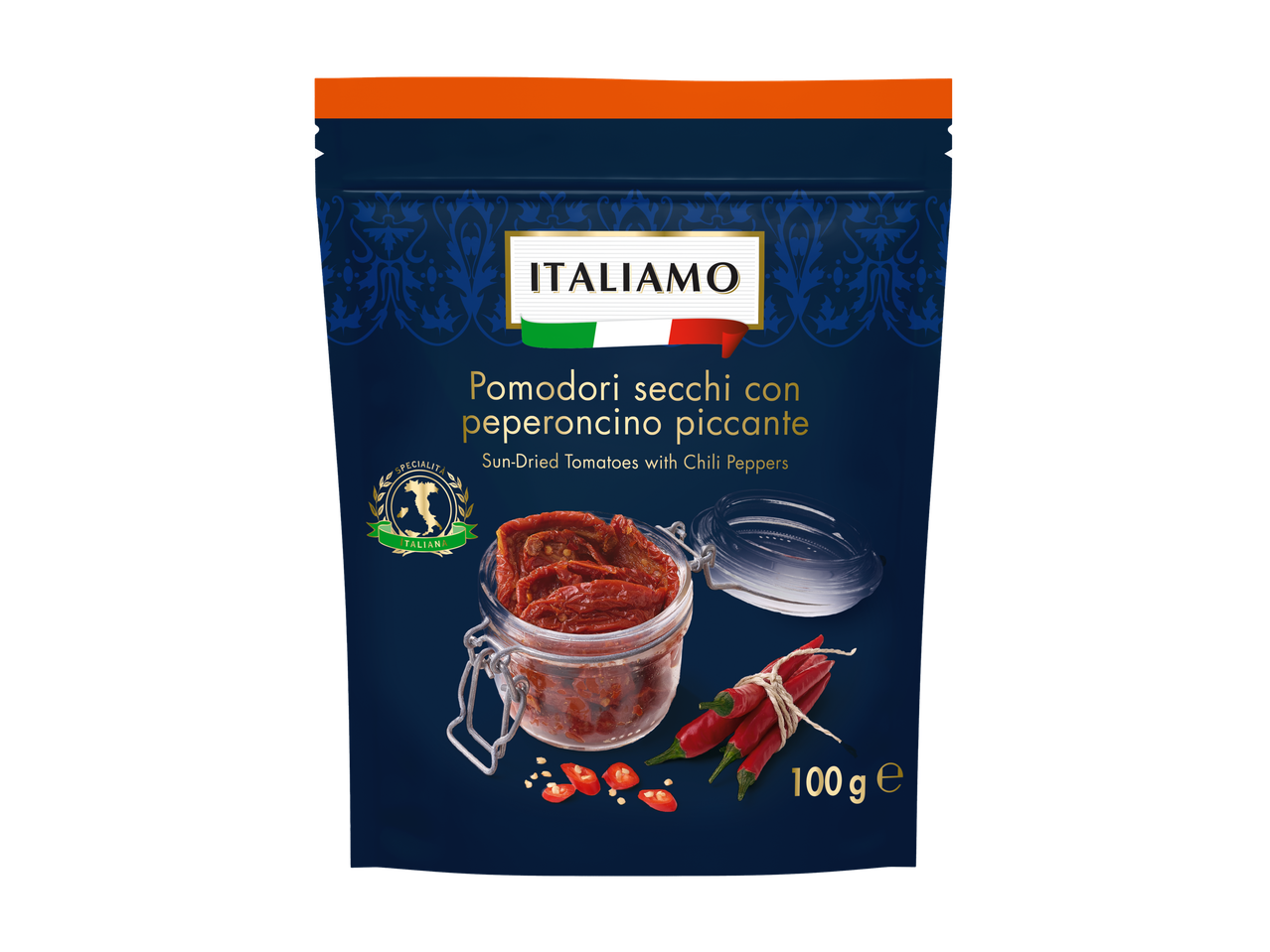 Italiamo zongedroogde tomaten met chilipepers.