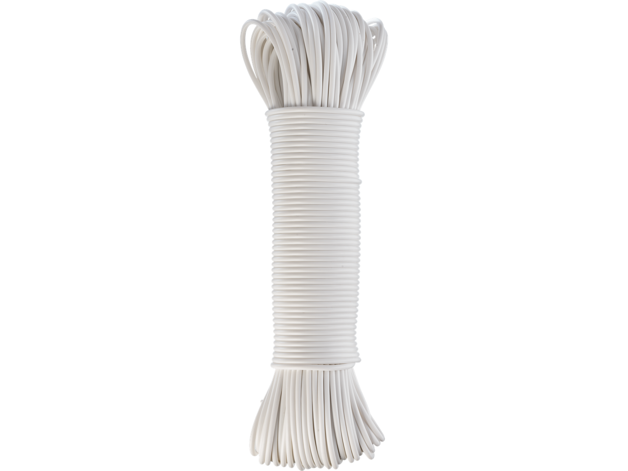 A white clothesline rope, neatly coiled and standing upright against a black background.