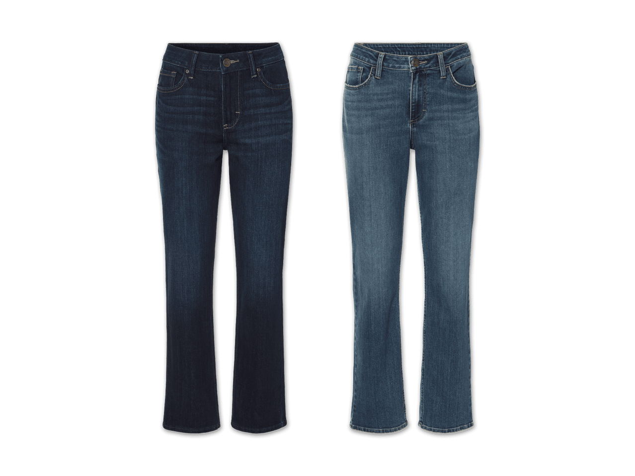 Zwei Paar Lee-Jeans, eine dunkelblau, eine mittelblau, im Bootcut-Stil.